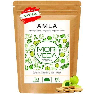 Produktbild von Moriveda Amla Tabletten – 60 Tabletten – Tagesdosis mit 1900 mg Amla-Fruchtpulver – Vitamin C 42 mg (52 % NRV)