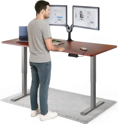 Produktbild von DESKSPACE PRO Elektrisch höhenverstellbarer Schreibtisch – 160x80 cm Memory & Kollisionsschutz, Computertisch Mahagoni Tischplatte / Graue Gestell