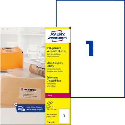 Image de Avery Zweckform L7567-25 Étiquettes d'expédition, 210 x 297 mm, 25 feuilles/25 étiquettes, transparent