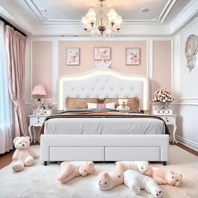 A child's bedroom with a white bed, pink curtains, and teddy bear decorations.