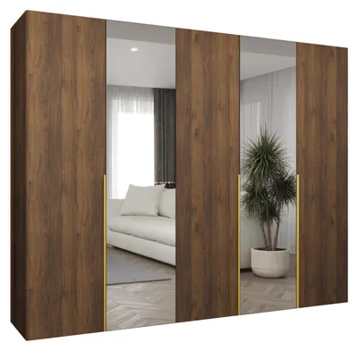 Produktbild von MEBLE KRYSPOL, Kleiderschrank Spiegel, 250x202x52, Warmia-Nuss, Griff Gold