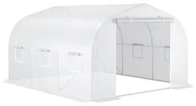 Obrázek produktu pro Zahradní skleník - fóliový tunel - 3,5 x 3 x 2 metry - dveře + 6 rolovacích oken - pozinkovaná ocelová konstrukce - fólie z polyetylenu (PE) - barva: armádní zelená