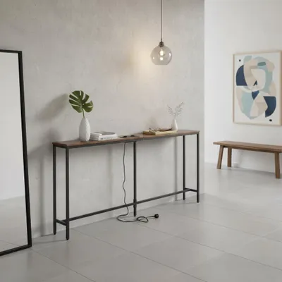 Consoletafel 180 cm mit Ladestation, 2 USB-Ports, schmal, rustikal, braun