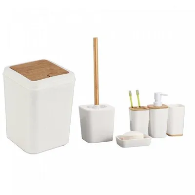 Produktbild von Badezimmer-Set 6-teilig mit Bambus – Badaccessoires-Set mit WC-Bürste, Kosmetikeimer, Seifenspender, Seifenschale, Zahnputzbecher und Zahnbürstenhalte