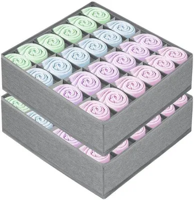 Immagine prodotto di Uniqoos® Organizer pieghevole in tessuto per cassetti, 24 scomparti, grigio, 33 x 33 x 10 cm – Tessuto in poliestere e rete in nylon, ideale per calze, cravatte e biancheria intima