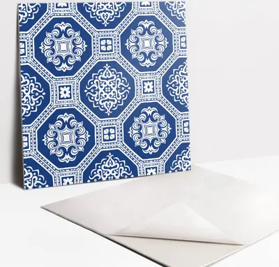 Produktbild von Fliesenaufkleber Set - 9 Stück Selbstklebende PVC Fliesen-Designs - Für Bad und Küche 30 x 30 - Blaue portugiesische Fliese