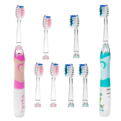 Produktbild von 2x Seago Schallzahnbürste SG-977 für Kinder Zahnbürste rosa und grün mit  Ersatzzahnbürsten