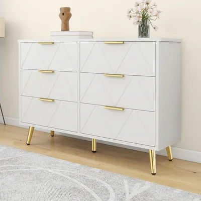 Produktbild von BALCONERA Schubladenschränke, Weißer Kommode Holz-Schubladenschrank 104 x 34 x 75 cm– Hochkommode mit 6 Schubladen