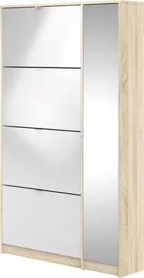 Produktbild von Shane Schuhschrank 4 Klapptüren 2R, 1 Spiegeltür eiche Struktur Nachbildung, hochglanz weiss.