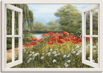 Produktbild von ARTland Leinwandbild Fensterblick Mohnwiese Größe: 70x50 cm