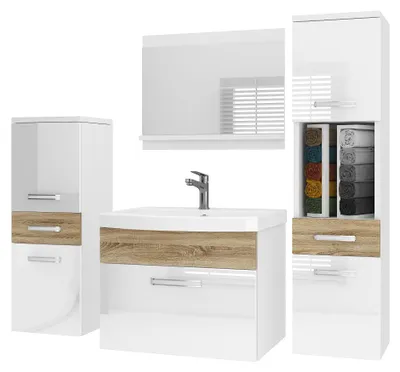Immagine prodotto di Set di mobili da bagno BELINI PRI PM5 120 cm bianco/rovere Sonoma lucido - Mobile da bagno moderno con lavabo e specchio, completamente accessoriato, montaggio a parete