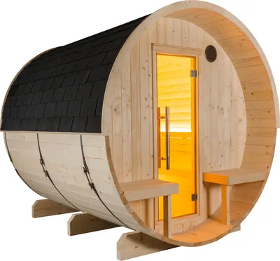 Produktbild von Harvia Kuusi 240 Canopy Fasssauna aus Fichte Gartensauna mit Dacheindeckung Ø 220 x 240 cm
