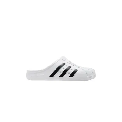 A white Adidas Adilette Clog with black stripes is shown on a white background.