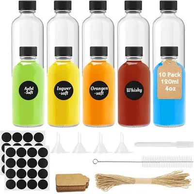 Productafbeelding van 10 Stuks Glazen Shotflessen 120ML - Herbruikbare Flesjes met Deksel en Etiketten