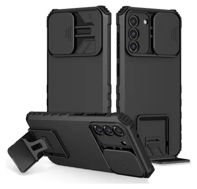 Immagine prodotto di Custodia per Samsung Galaxy S21 FE 5G a doppio strato robusta, protezione militare con kickstand e protezione fotocamera scorrevole nero