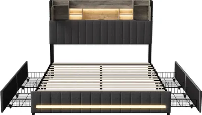 Image de Lit 160 X 200 Cm Avec Tête De Lit LED Et USB, 4 Tiroirs De Rangement, Sommier à Lattes, Lin, Gris