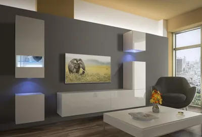 Obrázek produktu pro Furnitech Obývací stěna - Nábytek do obývacího pokoje s LED diodami Bílá - Závěsná skříňka Moderní - Police a TV skříňka (AN19-18W-HG2 1A)