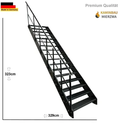 Produktbild von Wangen- Treppe Stahltreppe Gitterroststufen 17 Stufen mit Geländer Links komplett Anthrazit Breite 120 cm / Höhe: 323cm Außentreppe / Metalltreppe