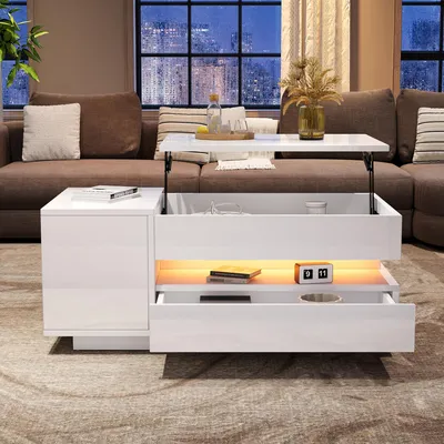 Produktbild von okwish Anhebbarer Couchtisch Wohnzimmertisch Beistelltisch mit 1 Schublade und 1 Schrank,Hochglanz Teetisch - Sofatisch mit LED,mit verstecktem und halboffenem Stauraum,Weiß