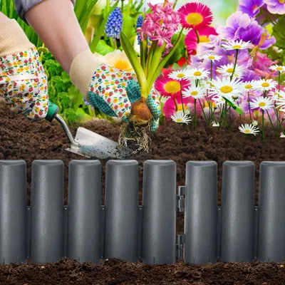 Produktbild von YZNAHRE Rasenkante Beeteinfassung Kunststoff Flexible Beetumrandung Beetbegrenzung Mähkante Holzimitat Rasenkantenband Gartenpalisade 15cm hoch (11,2m Anthrazit)