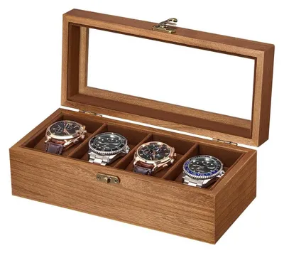 Image de Boîte à montres en bois avec 4 compartiments et couvercle en verre