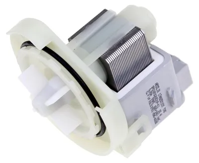 A close-up studio shot of a washing machine drain pump.