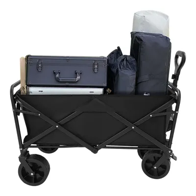 A black folding wagon filled with various items, including a dark blue suitcase, a silver laptop or case, and several dark blue bags, with a white cylindrical item on top.