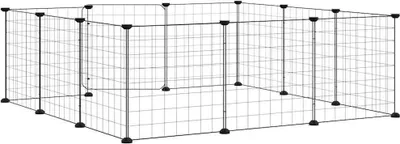 A black wire pet cage with 12 panels and a door, shown from a slightly elevated angle against a white background.