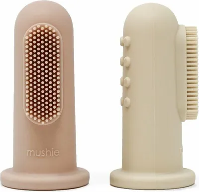 Produktbild von Mushie Silikon Lern Fingerling zu Baby's erstem Zähneputzen & Zahnfleischmassage(Blush/Shifting Sand)