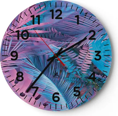 Produktbild von Wanduhr - Rund - Glasuhr - Blätter Rosa Blau - 30x30cm - Schleichendes Uhrwerk - Lautlos - zum Aufhängen bereit - Dekoration Modern - Wanddekoration aus Glas - C4AR30x30-4401
