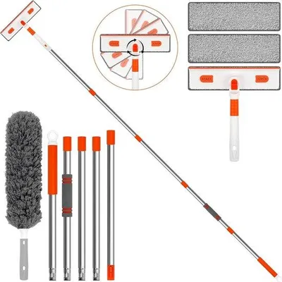 Obrázek produktu pro Čistič oken Famanu s teleskopickou tyčí – 2 v 1: teleskopická tyč, otočná hlavice o 180°, délka nastavitelná od 29 do 210 cm
