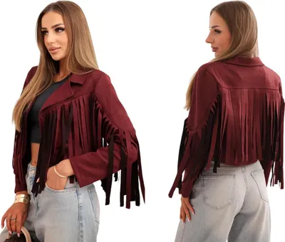 Produktbild von Burgunderfarbene Boho-Jacke für Damen mit Fransen