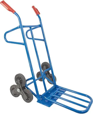 Immagine prodotto di Carrello pieghevole blu, portata 200 kg, con sistema per superare le scale, pneumatici in gomma piena, ruote a stella. Carrello per il trasporto, carrello per sacchi, carrello per sacchi per scale, carrello per scale. Include: pala grande, maniglie di sicurezza, acciaio
