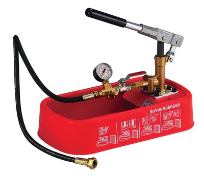 A red pressure testing pump with a black hose and a pressure gauge, set against a white background.