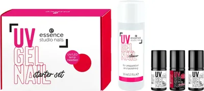 Produktbild von Essence UV GEL NAIL Starter Set, Nagel Basislack, Nagellack, Nail remover, Nagel Decklack, Transparent, Transparent, Rot, 4 Stück(e), Pinsel
