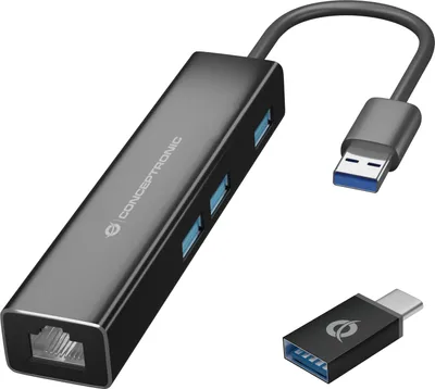 Produktbild von Conceptronic DONN07BA, USB 3.2 Gen 1 (3.1 Gen 1) Type-A, 10,100,1000 Mbit/s, Schwarz, RJ-45, USB 3.2 Gen 1 (3.1 Gen 1) Type-A, Aluminium, China