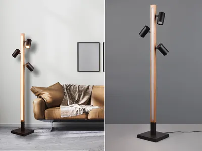Produktbild von Kleine LED Stehlampen Holz/Metall 3 Spots schwenkbar dimmbar für Wohnzimmer Ecke
