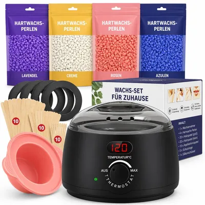Immagine prodotto di Set depilazione con cera per viso e corpo: macchina per cera con scaldacera e ciotola in silicone, 400 g di cera per depilazione, kit depilazione con