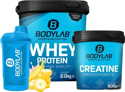 Produktbild von BODYLAB Megadeal Basic Aufbau - Whey Protein Banane + Creatine Monohydrate + Shaker für Kraftsport und Fitness