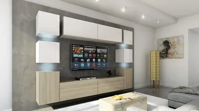 Obrázok produktu pre Furnitech Obývacia stena - Nábytok do obývačky s LED RGB - 16 farieb - Moderná závesná stena - Police a TV skrinka (Future 14_HGM_WS_12 1B - 316cm)
