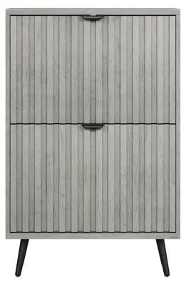 Produktbild von Schuhschrank mit versteckter Aufbewahrung - Flur, freistehend - 60 cm - 2 Kippfächer - Holz - Rillenoptik - Grau