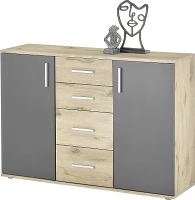 Zdjęcie produktu dla Sideboard >BC 1040< 2 Türen, 4 Schubladen, viking oak Dekor / grau - 120x83x35cm (BxHxT)