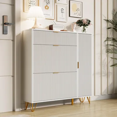 Produktbild von Fortuna Lai Modularer Schuhschrank aus MDF mit Goldenen Metallbeinen, verstellbaren Regalen und praktischer Aufbewahrung, Weiß