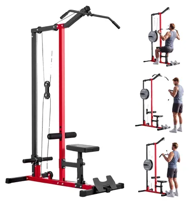 Produktbild von VEVOR LAT Zugmaschine, 2-in-1 Ruder-Kabelmaschine, Kabelmaschinen für das Home Gym mit 3-stufig verstellbarem Sitz, 4-stufig verstellbarem Schaumstoffroller, Belastung 227kg Lat Turm für Rücken, Brust, Trizeps, Schwarz Rot