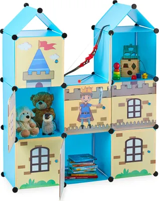 Produktbild von Relaxdays Steckregal Kinderzimmer, coole Ritterburg, Kunststoff, Kinderschrank mit Türen, HxBxT: 128 x 110 x 37 cm, bunt