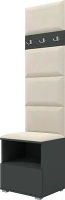 A tall, slim hallway furniture set with a padded backrest and a bench seat with storage.