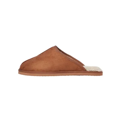 A single brown slipper is shown from the side against a white background.