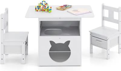 Productafbeelding van Kinderspeeltafelset met een kattenhuisje, 2 stoelen en opbergboxen