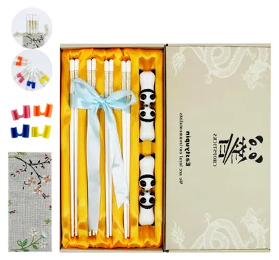Produktbild von Keramische Essstäbchen × 4, spülmaschinenfest, Stäbchenhalter in Panda-Form × 4, rutschfeste japanische Essstäbchen (Keramik, L)