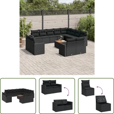 Produktbild von The Living Store 13-tlg. Garten-Sofagarnitur mit Kissen Schwarz Poly Rattan